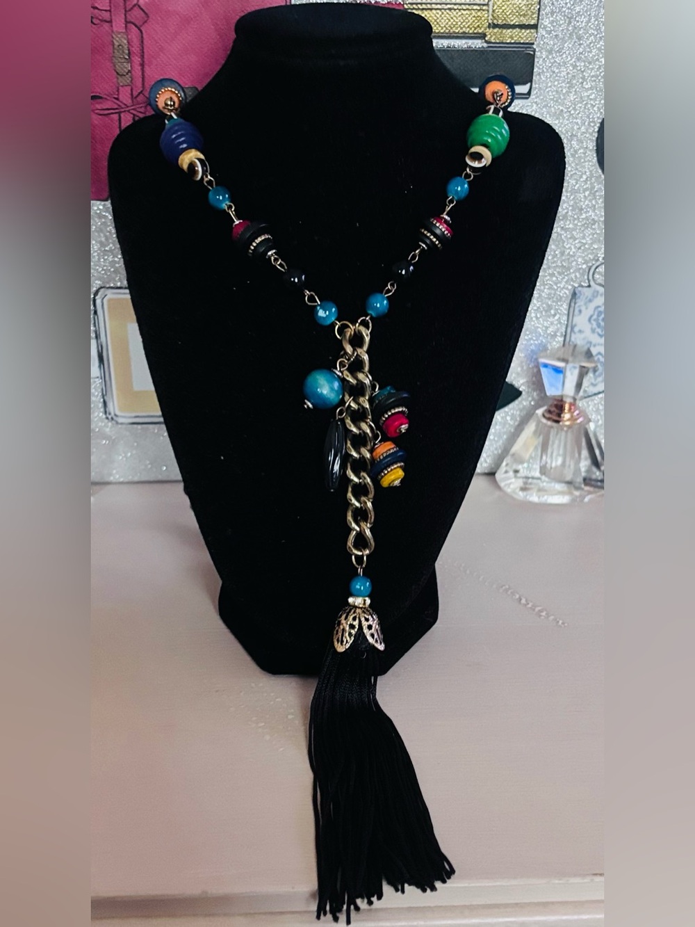Multicolor Beaded Tassel Necklace with Black Fringe - Women Jewelry